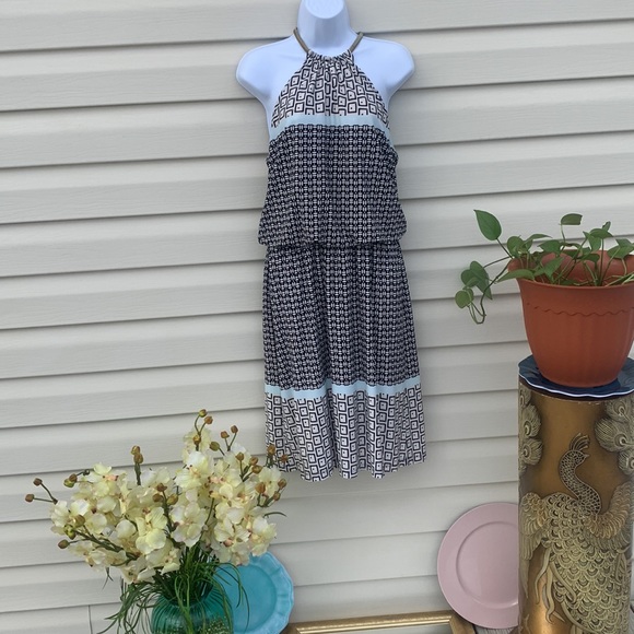 MSK Dresses & Skirts - MSK Sz Large dress NWT~ black and creme with baby blue stripes~ unique dress